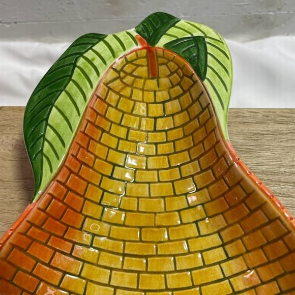 Clay Art Orange Yellow Brick Pattern Pear Dish Spoon Rest Ceramic Pear Trinket - Picture 2 of 8